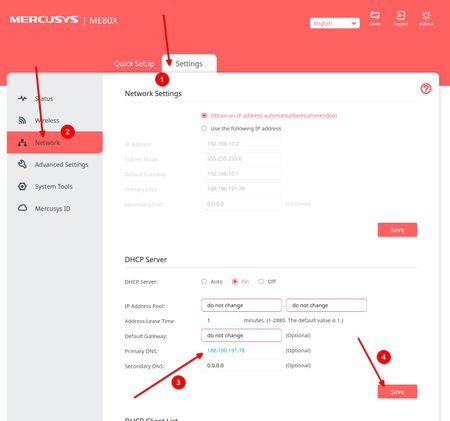 Способ 2. Настройка локального DHCP-сервера Mercusys ME80X